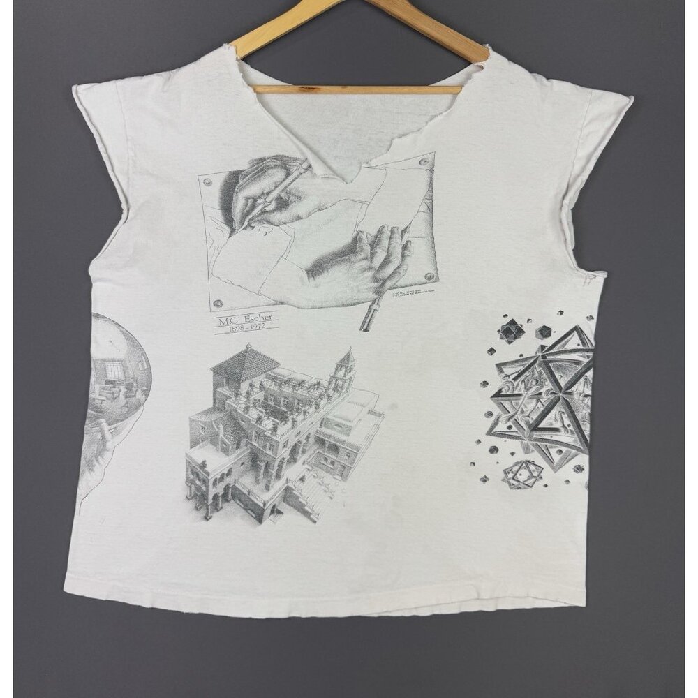 Vintage 90s MC Escher Art Tee White Chopped Sleeve Neck Cut White XL Fit Rare